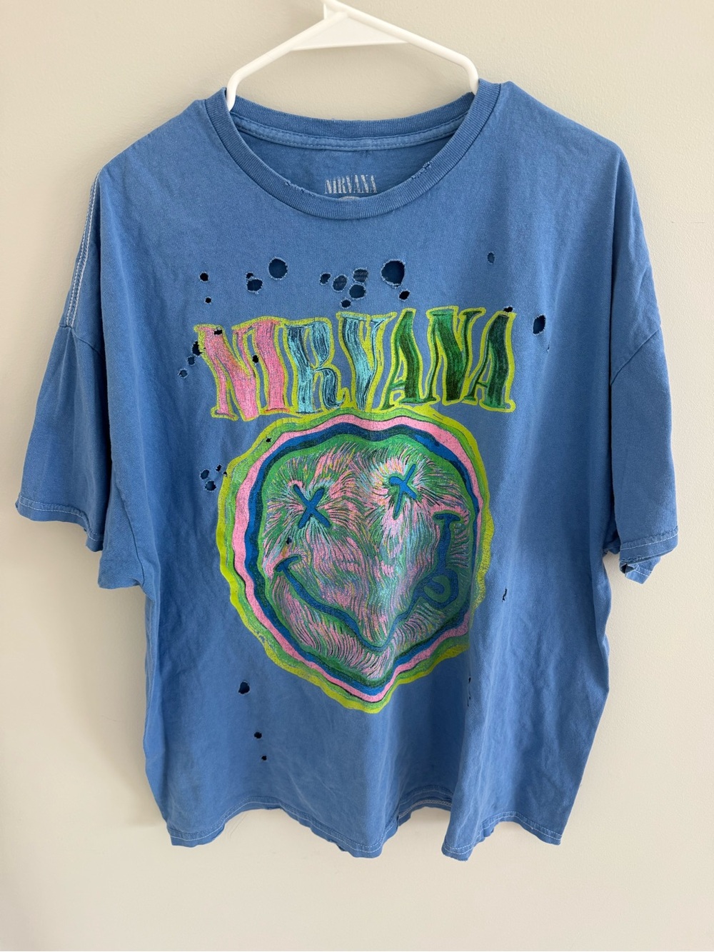 Urban Outfitters Nirvana Blue Graphic Tee with Neon Smiley